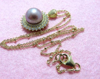 SALE 25 % OFF Natural Round Pink Edison Pearl, Sterling Silver Gold Plated CZ Flower Pendant Setting, Gold Bead Chain,Lobster Clasp Necklace