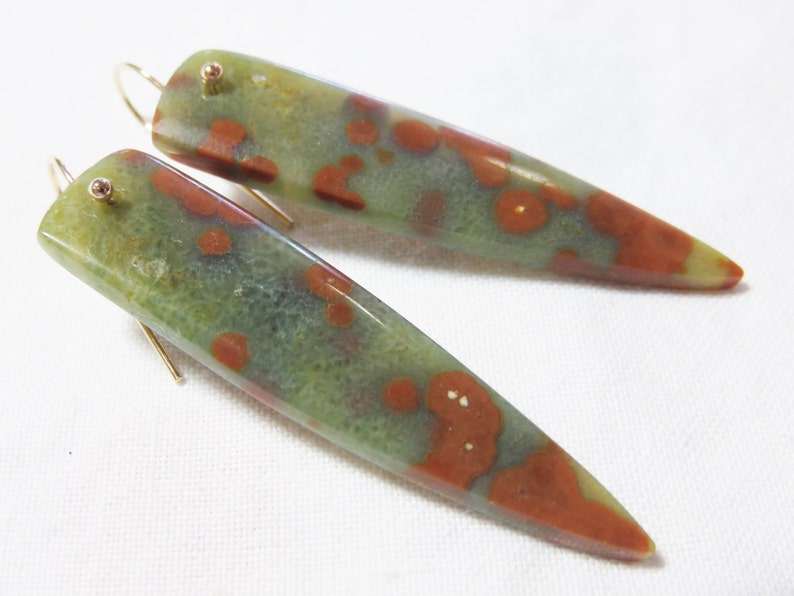 SALE 25/% OFF Natural Smooth Ocean Jasper Long Briolettes and 14K Solid Yellow Gold Earwires