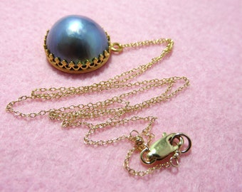 SALE 25 % OFF Natural 18mm Blue Grey Mabe South Pacific Ocean Cultured AAA Pearl, 14K Gold Filled Wire, Chain,Clasp,Round Bezel Cup Necklace