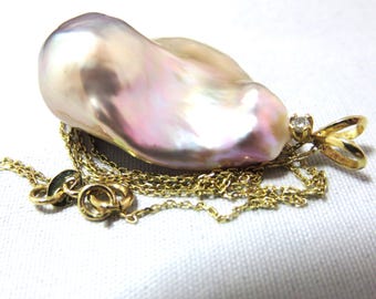 Sale 25% Off Natural Jumbo Pink & Gold Fireball Pearl,Pearl Mounting w/ Diamond Setting, 14/18K Solid Yellow Gold Setting and Chain Necklace