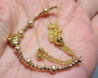 SALE 25% OFF 14K Solid Yellow Gold Chain and Petitie Diamond Cut Beads. Pure 24K 999 Solid Yellow Gold 3D Small Faceted Heart Bracelet