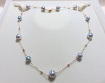 SALE 25 %OFF Natural Japanese Blue,Silver Akoya Baroque(7-8mm)Pearls.14K/18K Solid Yellow Gold Wire,Chain,Magnet Clasp,Faceted Bead Necklace