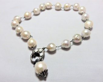 SALE 25 % OFF Natural  Bead Necklace Freshwater White Kasumi Pearls, Diamonds, Lobster Clasp and Sterling Silver Necklace