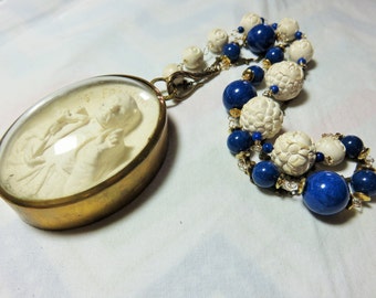SALE 25% OFF Huge victorian antique St Francois Recis meerschaum,rass cross chain,Carved rose flower beads,Gold Necklace
