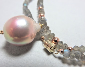 SALE 25% OFF Natural Smooth Big 3/4"x1/2" Japan Kasumi Pearl, Labradorite Beads. Magnet Clasp and 14K Solid Yellow and RosE Gold Necklace