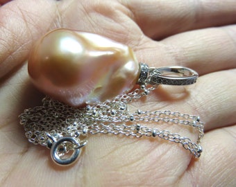 Sale 25% Off Natural AAA Pink Peach Rainbow Baroque Fireball Freshwater Pearl, 925 Sterling Silver Pendant Setting w/CZ, Bead Chain Necklace