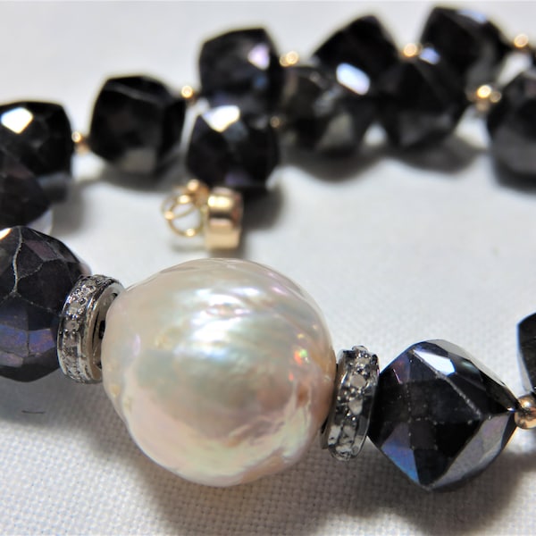 SALE 30% OFF Natural Freshwater White Baroque Pearl,Black Spinel Mystic Cube,Ster Silver Pave Diamond 14K Gold Bracelet