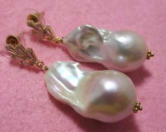 SALE 25 % OFF Natural Top Quality White Flamball Baroque Pearls,18K Vermeil Gold Earring posts w/Cubic Zirconia,Ball Head Pins,Daisy Spacers