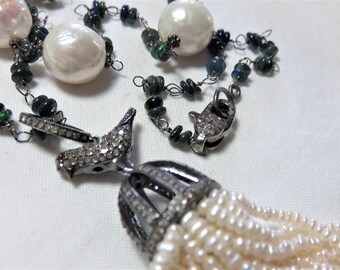 SALE 25% OFF Oxidized Ster Silver Diamonds "Bird" on "Dome Crown",Pearls Tassel Pendant,Fresh WaterPearls, Opal Necklace