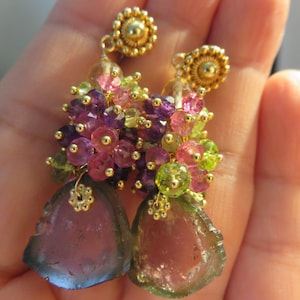 SALE 30 % OFF Natural Watermelon Tourmaline Slice Triangle Shape, Quartz, Amethyst, Peridot, Topaz Faceted Beads Yellow Gold Post Earrings
