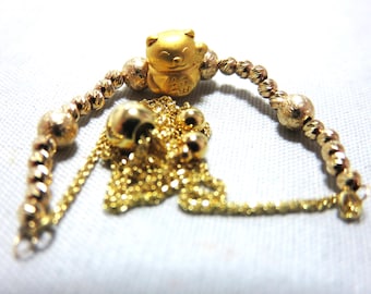 SALE 25% OFF 14K Solid Yellow Gold Chain and Petitie Diamond Cut Beads. Pure 24K 999 Solid Yellow Gold Lucky Cat 3D Charm Bead Bracelet