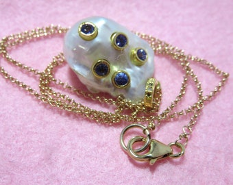 SALE 25 % OFF Natural Baroque White Pearl Pave Blue Tanzanite Pendant w/ Diamonds Gold Setting, 18K Vermeil Gold Rolo Chain, Clasp Necklace