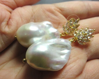 SALE 25 % OFF Natural White Fireball Metallic Baroque Fresh Water Pearls, Yellow Gold Cover Earring Posts with CZ stone