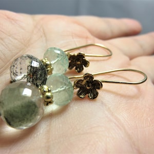 SALE 30% OFF Green Amethyst and Quartz Faceted Rondelle Beads and 22K Vermeil Gold Flower Earwires and Daisy Spacers