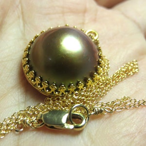 SALE 30 % OFF Natural Copper Pink Mabe Pearl Iridescent Cultured in Sumbawa Indonesia,14K Gold Filled Chain, Clasp, Round Bezel Cup Necklace