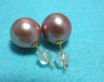SALE 25 % OFF Natural Luster Edison Pink Color Pearls (12-13mm), 18K Solid Yellow Gold Earring Post Stud and Back Ear Post Nut Back Earrings