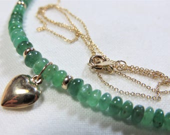 SALE 25% OFF 14K Solid Yellow Gold Chain/Wire/Smooth Roundel Bead/Heart Charm, Natural Green Emerald Roundel Beads Necklace