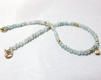 SALE 25% OFF Natural blue Zircon faceted Rondelle Bead,14K Solid Yellow Diamond Cut,Crimp Bead,Jump Ring,Spring Clasp,Diamond Charm Bracelet