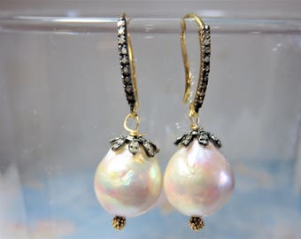 SALE 25% OFF Natural White Fresh Water Pearls,Oxidized Ster Silver Diamond Earring Hooks&Flower Caps,22KVermeil Gold Earrings