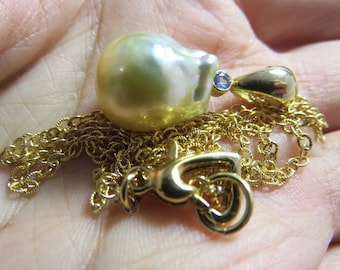 SALE 25 % OFF Natural South Sea Pearl Baroque (15.83mm) Maluku Indonesia, 18K Vermeil Gold Heart Clasp, Blue Tanzanite Pendant Pin Necklace