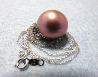 SALE 25 % OFF  Natural 13mm Color Edison Freshwater Pearl, 14K Solid White Gold  Pearl Mounting and Chain Necklace