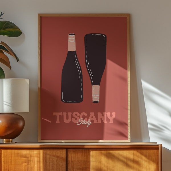 Tuscany Print Travel Poster Wine Art With Red Tones Italy Wall Art for Wine Lovers Digital Download 1 Print