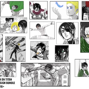 May include: A collection of manga panels featuring characters from the anime series "Attack on Titan." The images are primarily black and white with accents of color. The text "Attack on Titan Mega Design Bundle 16+" is displayed at the bottom.