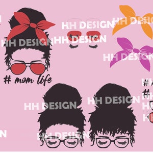 May include: A digital design featuring a silhouette of a woman with a bun and a headband. The woman is wearing glasses and the text "#mom life" is written below her. There are also several other designs of headbands and glasses.