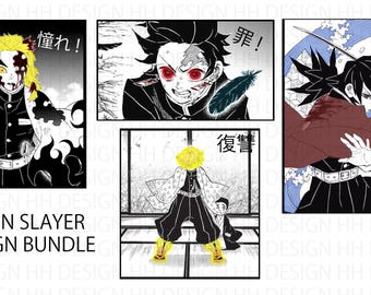 May include: A Demon Slayer 4-design bundle featuring manga-style illustrations. The images showcase characters in action poses with Japanese text. The color palette includes black, white, red, yellow, and blue.