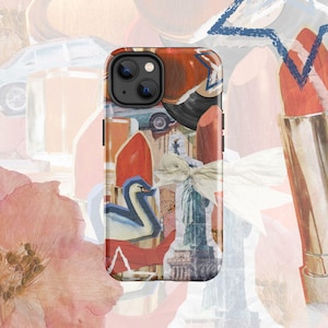 Red Blue NYC Summer Collage Phone Case, Retro Vintage Lipstick Scrapbook Case, Cool Girl Trendy Aesthetics iPhone Tough Case Pro Max Casing