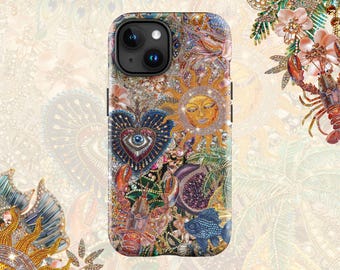 Rhinestone Charm Print Summer Collage Phone Case, European Summer Case, Celestial iPhone Pro Max Casing, Girly Trendy iPhone Mosaic Case