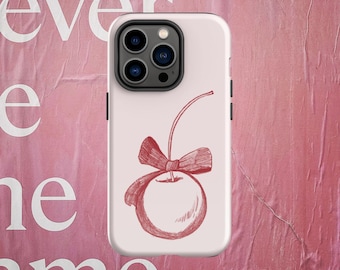 Red Cherry Coquette Hand-Drawn Aesthetic Phone Case, Cute Girly Gift For Her, Trendy Girl Aesthetics Cute Phone Cases, Vanilla Girl Style