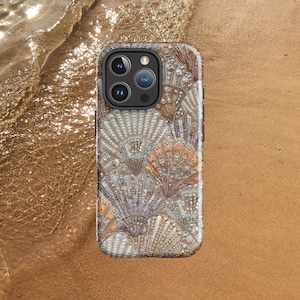European Summer Mosaic Shell Phone Case, Rhinestone Effect Collage Tough Case, Beach Ocean Coastal Trendy Aesthetics iPhone 16 15 14 13 12