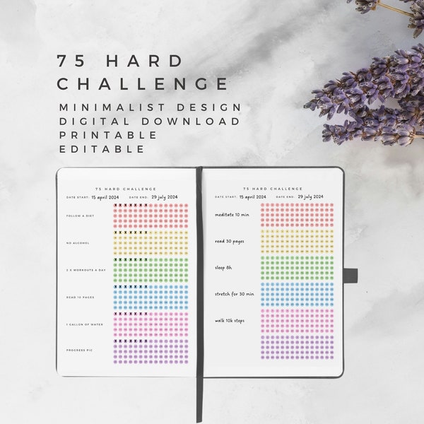 75 Hard Challenge Printable Template | Workout Plan | 75 Day Challenge | PDF | 75 Hard Challenge Tracker | Bullet Journaling | Minimalistic