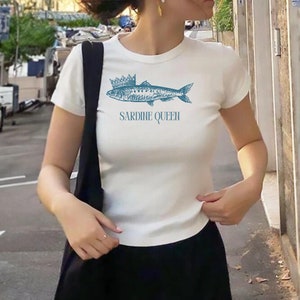 sardine shirt, tin fish, Y2k,  sardines, italian summer, sardine shirt, seafood shirt, coastal grandma, cool girl, food graphic