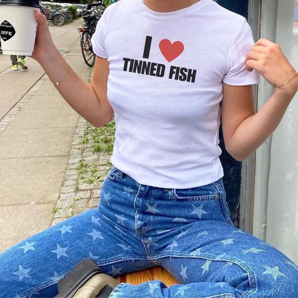 Tin fish, Y2k,  90s style, sardines, italian summer, sardine shirt, seafood shirt, coastal grandma, cool girl, vintage food, food graphic