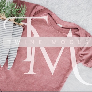 May include: A mauve baby onesie with short sleeves. The onesie is lying on a white fluffy surface. The text "Twin Mocks" is visible on the onesie.