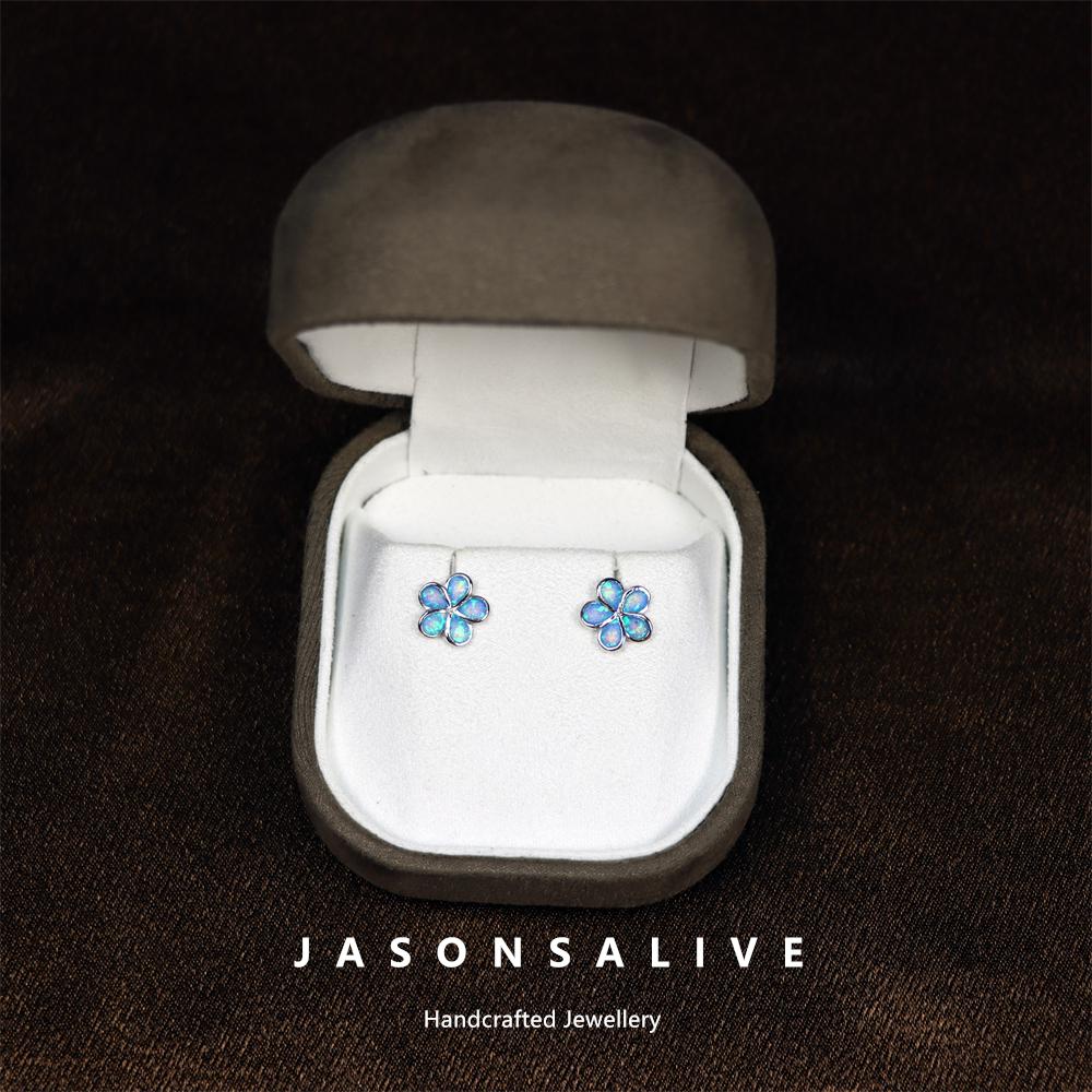 ブルーオパールフラワースタッドピアス：S925シルバーフローラル