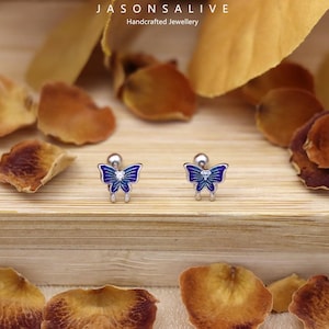 S925 Sterling Silver Blue Enamel Butterfly Stud Earrings, gift for her Pandora style