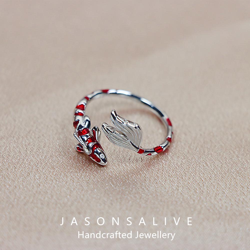 アクセサリー Salmon roe S925 Sterling Silver Red Koi Fish Ring - Adjustable Women's