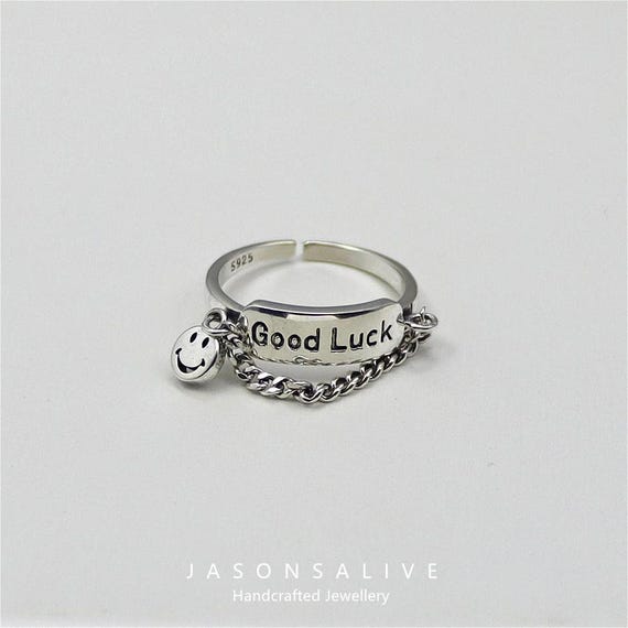 Good Luck Adjustable S925 Silver Ring, Smiley Face Design, Stackable Ring,  Holiday Gift for Her Pandora style