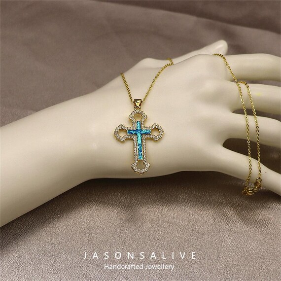 Opal Copper Gold-plated Cross Pendant Necklace, Stylish Collarbone