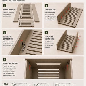 May include: An assembly guide for a radiator cover featuring five numbered steps with text instructions and diagrams. The guide illustrates preparing parts, attaching side panels with connectors, using an Allen key, and installing the top panel.
