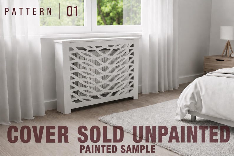 May include: A white rectangular radiator cover featuring a decorative cutout pattern of overlapping wavy lines. The text PATTERN 01 is visible in the top left corner, and the text COVER SOLD UNPAINTED PAINTED SAMPLE is at the bottom.