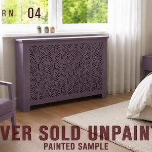 May include: A purple radiator cover featuring a repeating fan-shaped cutout pattern. The text PATTERN 04 is visible in the top left corner, and the text COVER SOLD UNPAINTED PAINTED SAMPLE is visible at the bottom of the image.