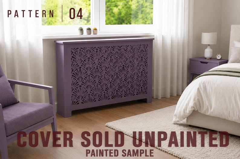 May include: A purple radiator cover featuring a repeating fan-shaped cutout pattern. The text PATTERN 04 is visible in the top left corner, and the text COVER SOLD UNPAINTED PAINTED SAMPLE is visible at the bottom of the image.