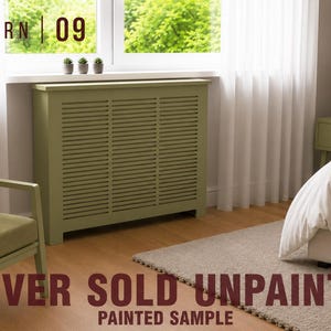 May include: A sage green radiator cover featuring a slatted front panel design. The text PATTERN | 09 is visible in the upper left corner, and the text COVER SOLD UNPAINTED PAINTED SAMPLE is visible at the bottom of the image.