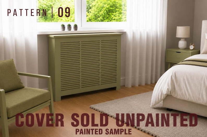 May include: A sage green radiator cover featuring a slatted front panel design. The text PATTERN | 09 is visible in the upper left corner, and the text COVER SOLD UNPAINTED PAINTED SAMPLE is visible at the bottom of the image.