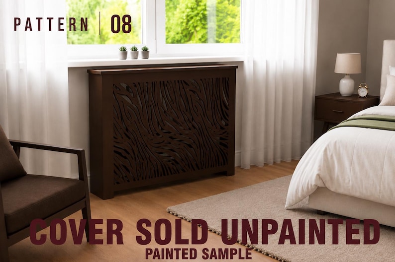 May include: A dark brown rectangular radiator cover featuring a decorative cut-out pattern of vertical wavy lines. The text PATTERN 08 is visible in the top left corner, and the text COVER SOLD UNPAINTED PAINTED SAMPLE is at the bottom.