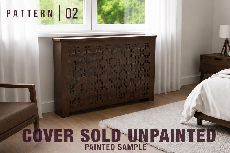 May include: A dark brown wooden radiator cover featuring a geometric cutout pattern. The text PATTERN 02 is visible in the top left corner, and the text COVER SOLD UNPAINTED PAINTED SAMPLE is visible at the bottom of the image.